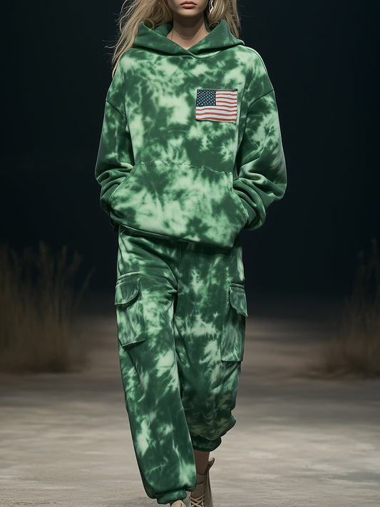 Pull à capuche tendance personnalisé avec impression tie-dye verte et motif drapeau américain