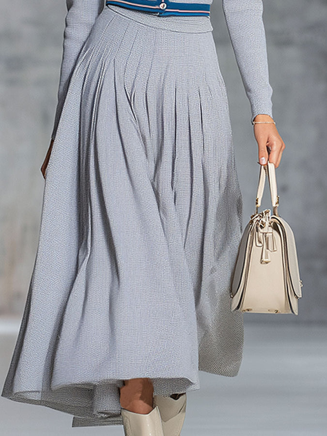 Robe Midi Tricotée Grise Rétro à Manches Longues - Élégance Vintage