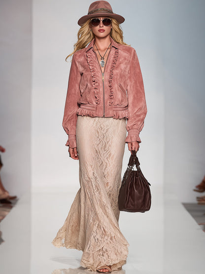 Veste Rose Vintage en Simili Daim avec Volants Style Western