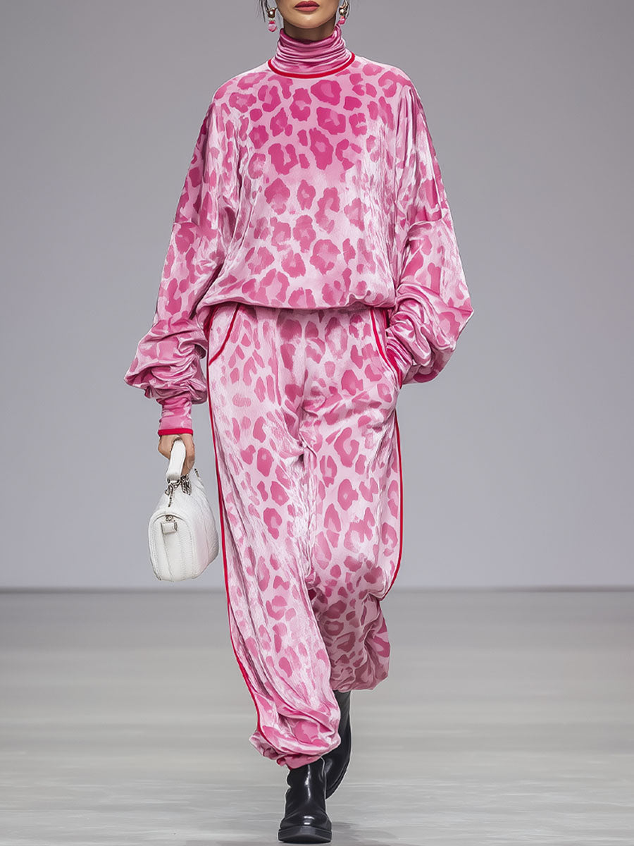 Ensemble Chic : T-shirt en Velours à Col Roulé Imprimé Léopard Rose et Pantalon Coordonné