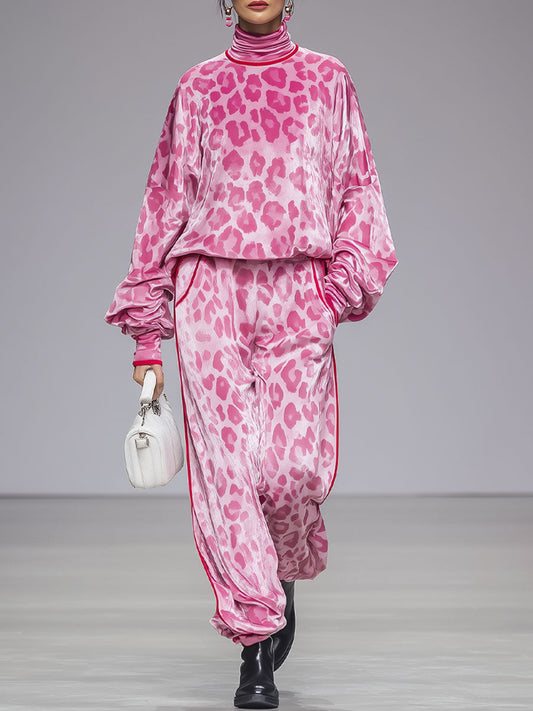 Ensemble Chic : T-shirt en Velours à Col Roulé Imprimé Léopard Rose et Pantalon Coordonné