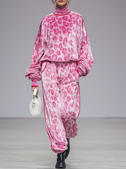 Ensemble Velours Léopard Rose : T-shirt Col Roulé à Manches Longues et Pantalon
