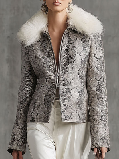 Veste Vintage en Simili Cuir avec Double Fermeture Éclair et Col en Fourrure Synthétique Imprimé Serpent Gris