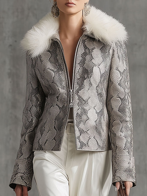 Veste Vintage en Simili Cuir avec Double Fermeture Éclair et Col en Fourrure Synthétique Imprimé Serpent Gris