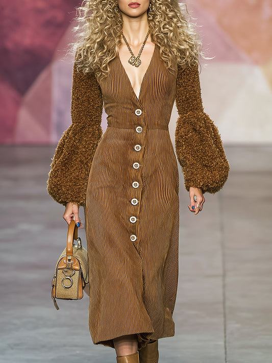 Robe Midi en Velours Côtelé Marron avec Manches en Peluche et Col V Style Western Vintage