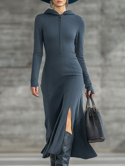 Robe Midi Vintage en Velours Grainé Bleu Foncé avec Fente et Capuche