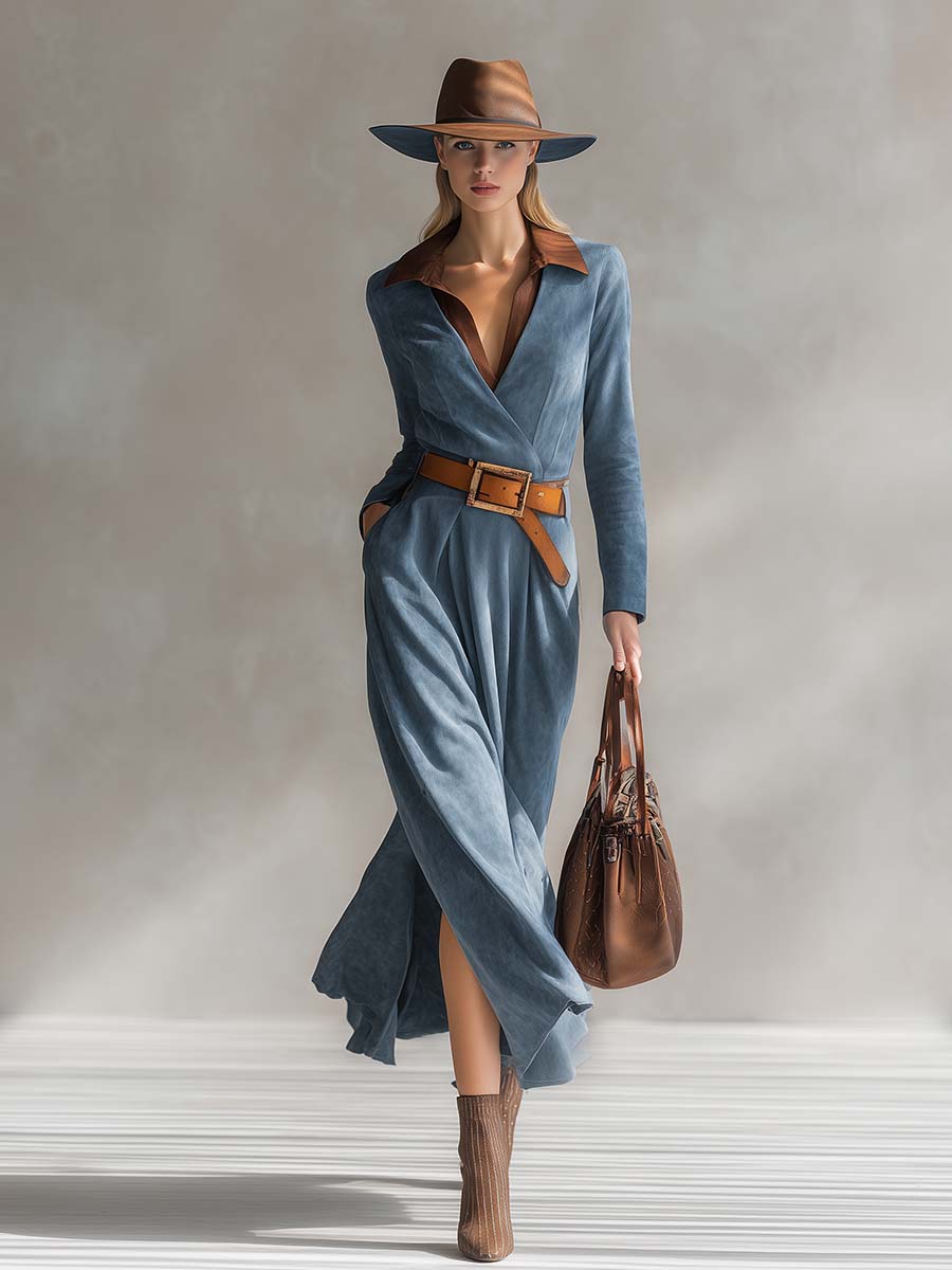 Robe Maxi en Faux Suède Bleu avec Col Western Chic