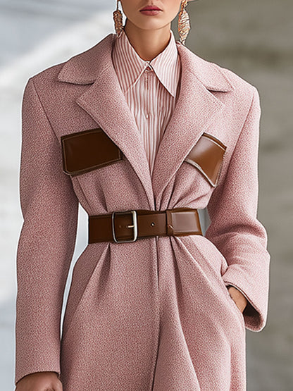 Veste en Laine Synthétique Rose avec Col en Similicuir