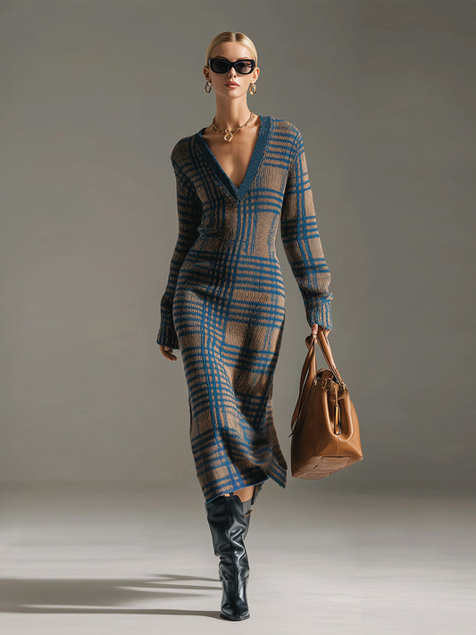 Élégante Robe Midi Tricotée à Carreaux V-Cou en Bleu Kaki - Style Rétro