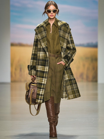 Veste Décontractée à Carreaux Verts Militaires avec Revers Rétro