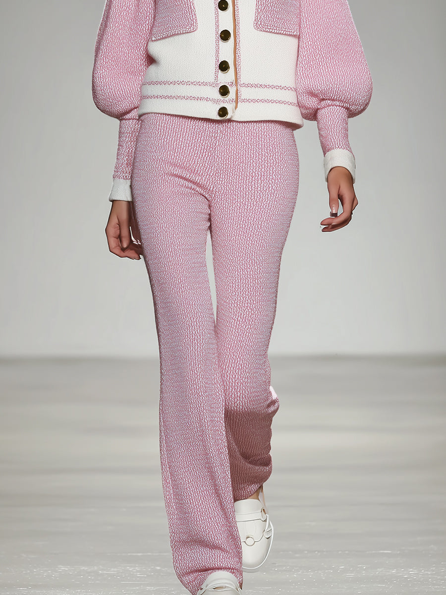 Ensemble Élégant en Tricot : Veste et Pantalon Contrastés Blanc et Rose