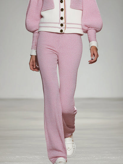 Ensemble Élégant en Tricot : Veste et Pantalon Contrastés Blanc et Rose