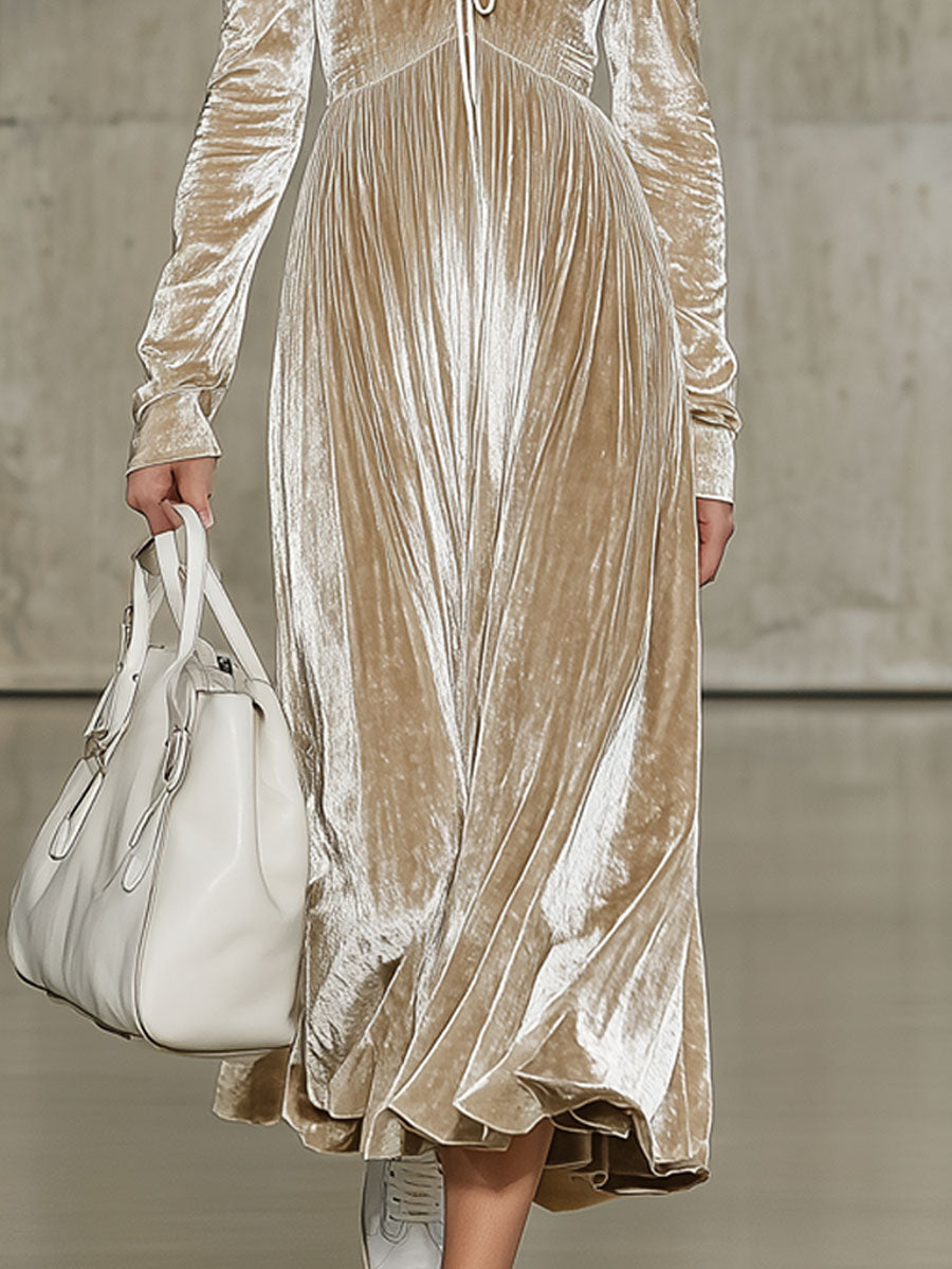 Robe Midi Plissée en Velours Champagne Rétro à Manches Longues – Élégance Intemporelle