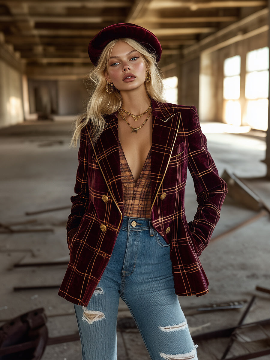 Élégant Blazer en Velours à Motif Écossais Bordeaux