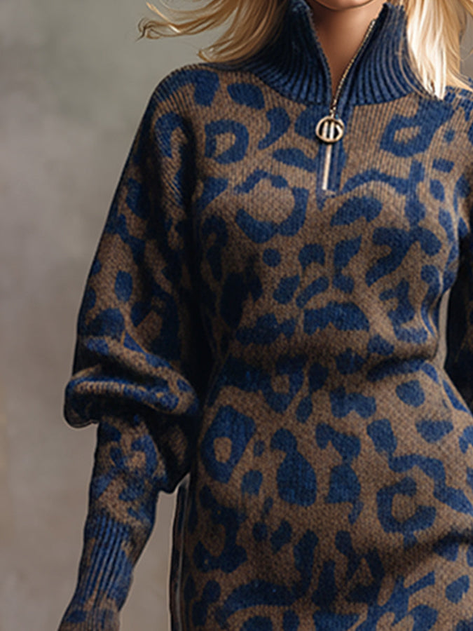 Robe Maxi Tricotée Imprimée Léopard Bleu et Marron - Style Ample et Élégant