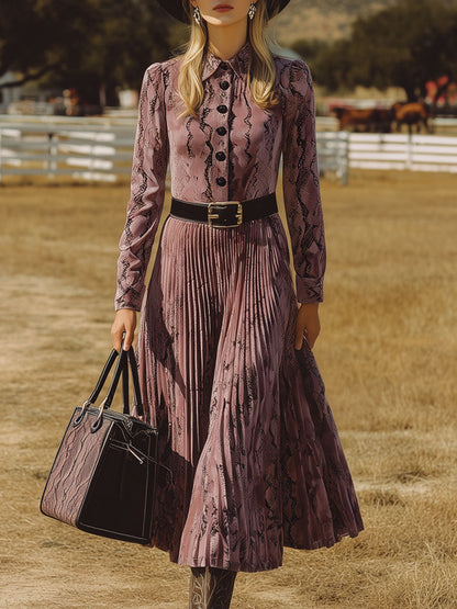 Robe Midi Plissée en Velours Violet à Imprimé Serpent - Style Rétro Nomade