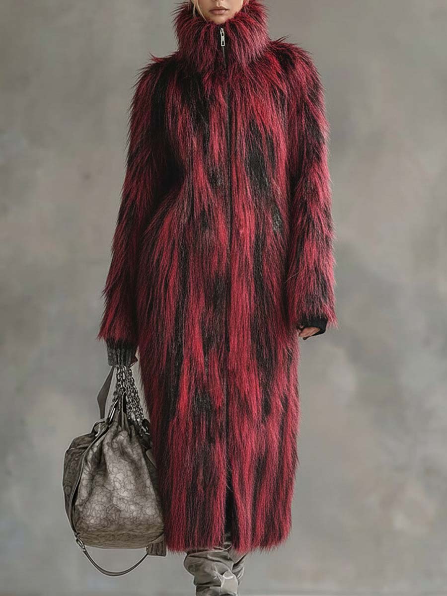 Veste Écologique en Fourrure Noir et Rouge avec Col Montant et Fermeture Éclair