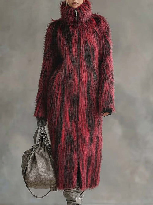 Veste Écologique en Fourrure Noir et Rouge avec Col Montant et Fermeture Éclair