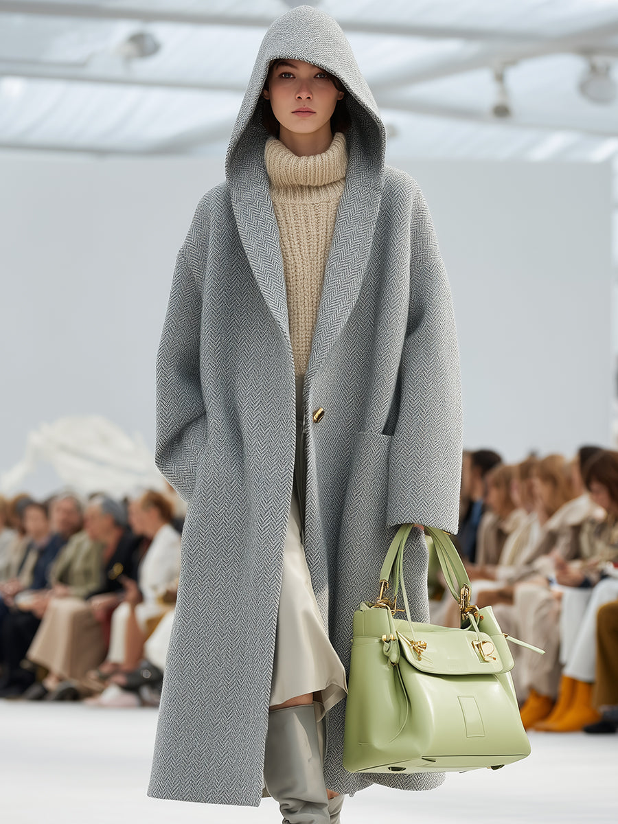 Veste à Capuche Chic en Mélange de Laine Herringbone Gris Clair