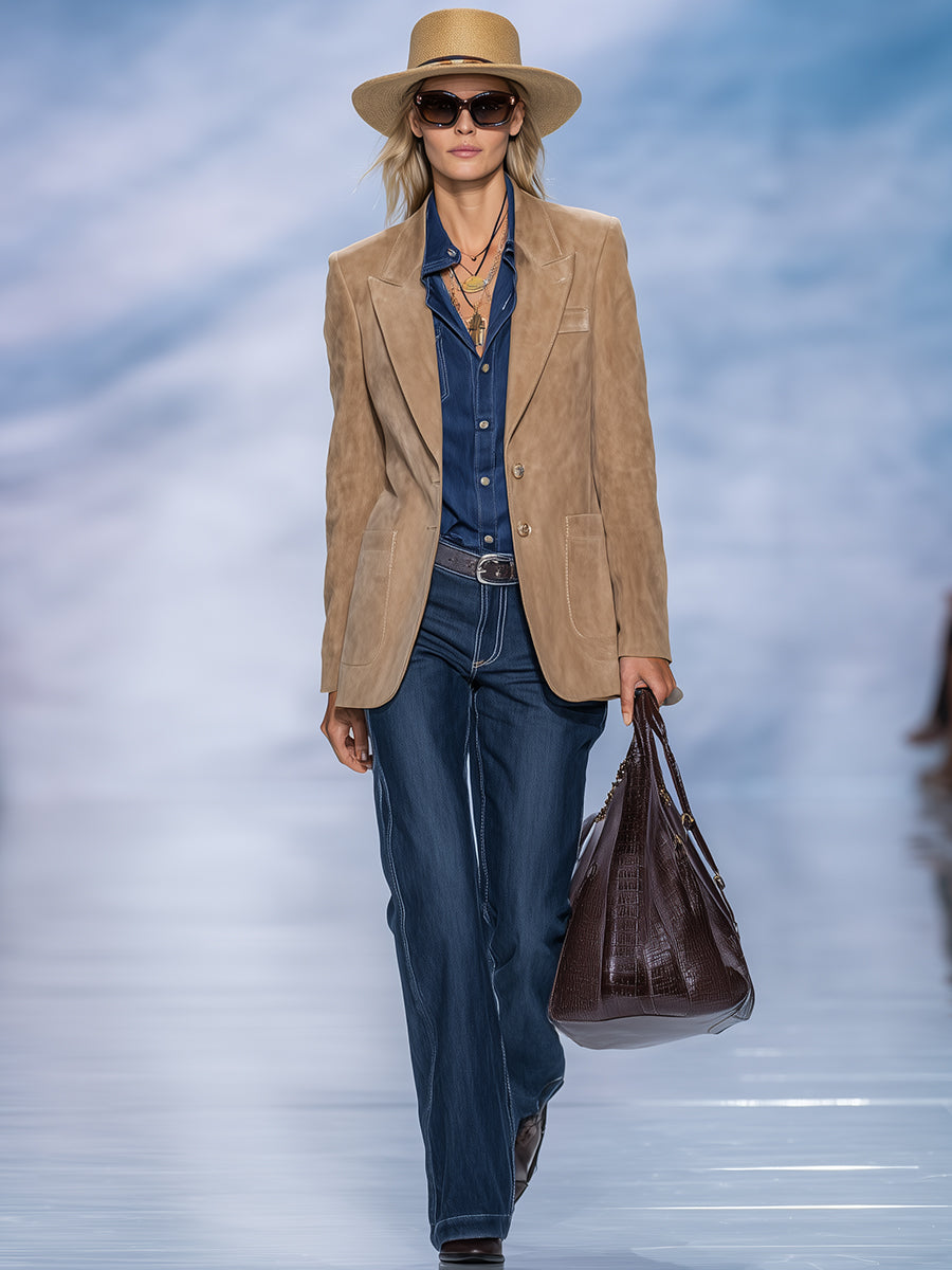 Veste Décontractée en Suédine Kaki au Style Vintage