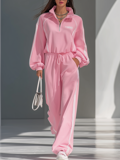 Ensemble Sportif Rétro : Sweat-shirt à Col Contrasté et Pantalon Ample