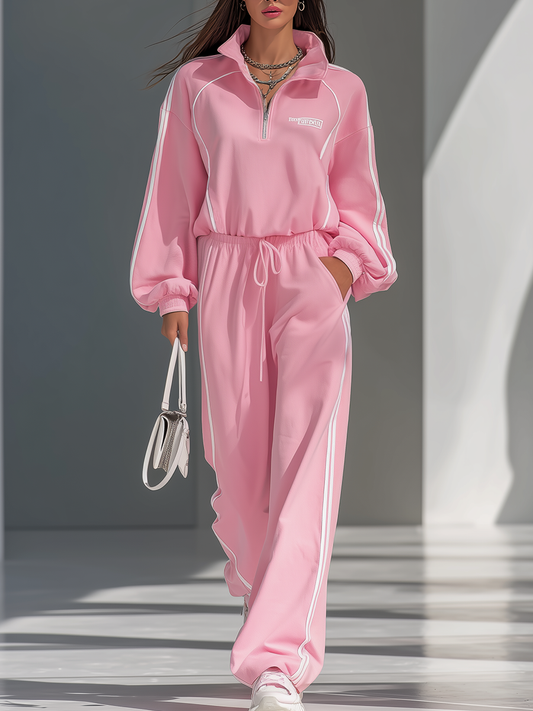 Ensemble Sportif Rétro : Sweat-shirt à Col Contrasté et Pantalon Ample