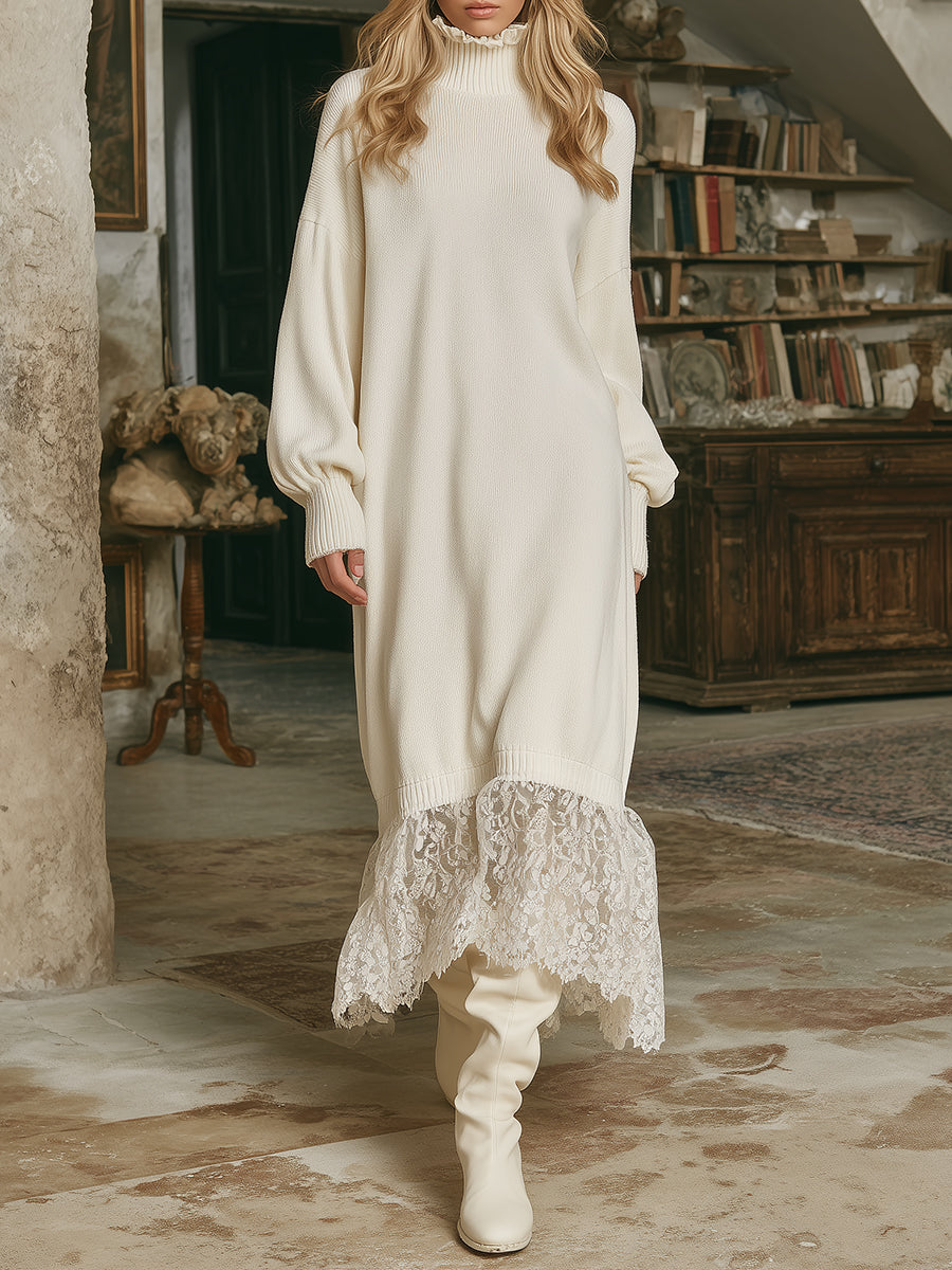 Robe Maxi Tricotée Blanche avec Col en Dentelle de Lotus : Élégance et Romance
