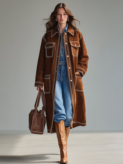 Veste Western Rétro en Faux Suède à Multiples Poches