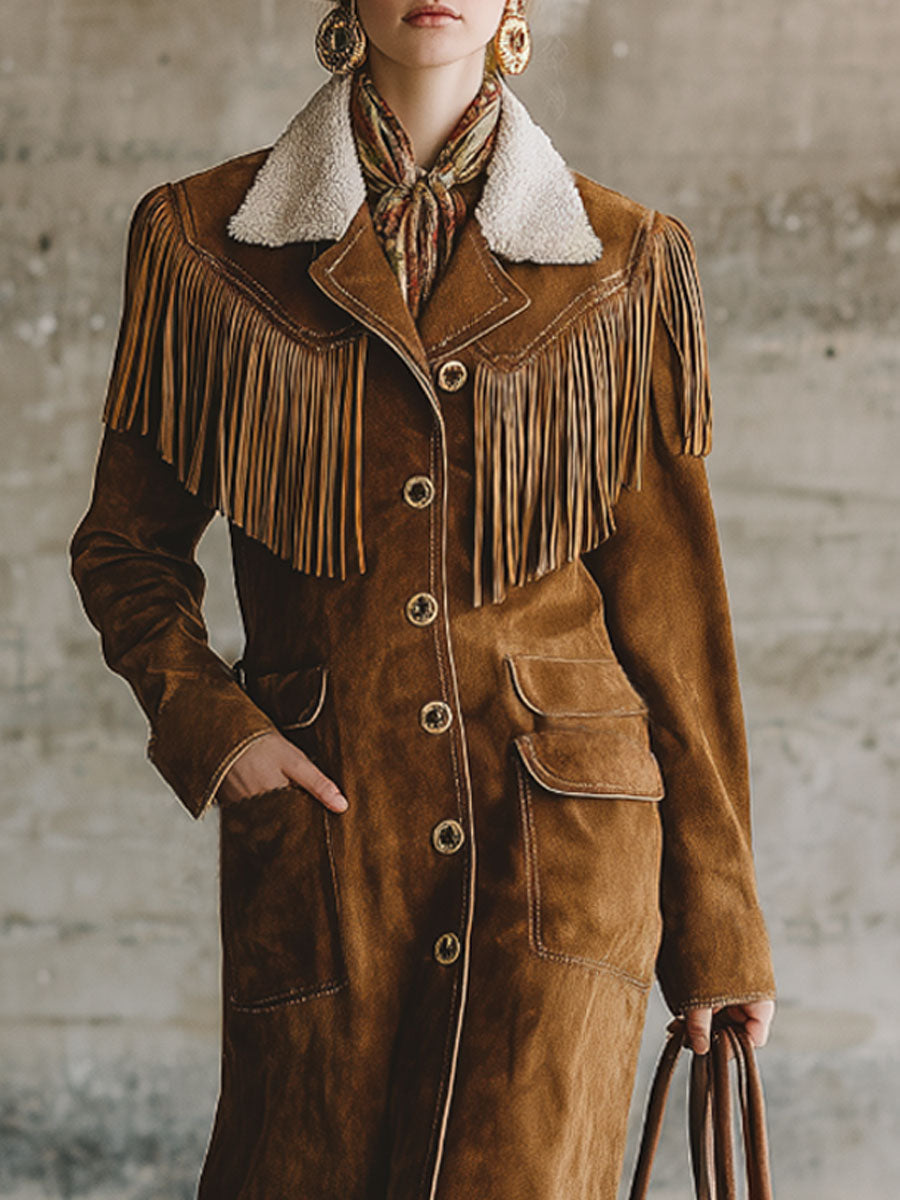 Veste en Suède Synthétique avec Col Sherpa et Franges Western