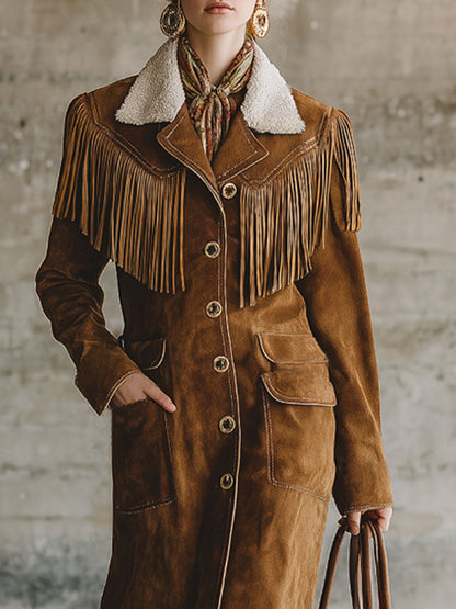 Veste en Suède Synthétique avec Col Sherpa et Franges Western