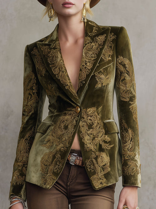 Veste en velours floral rétro décontractée avec bouton