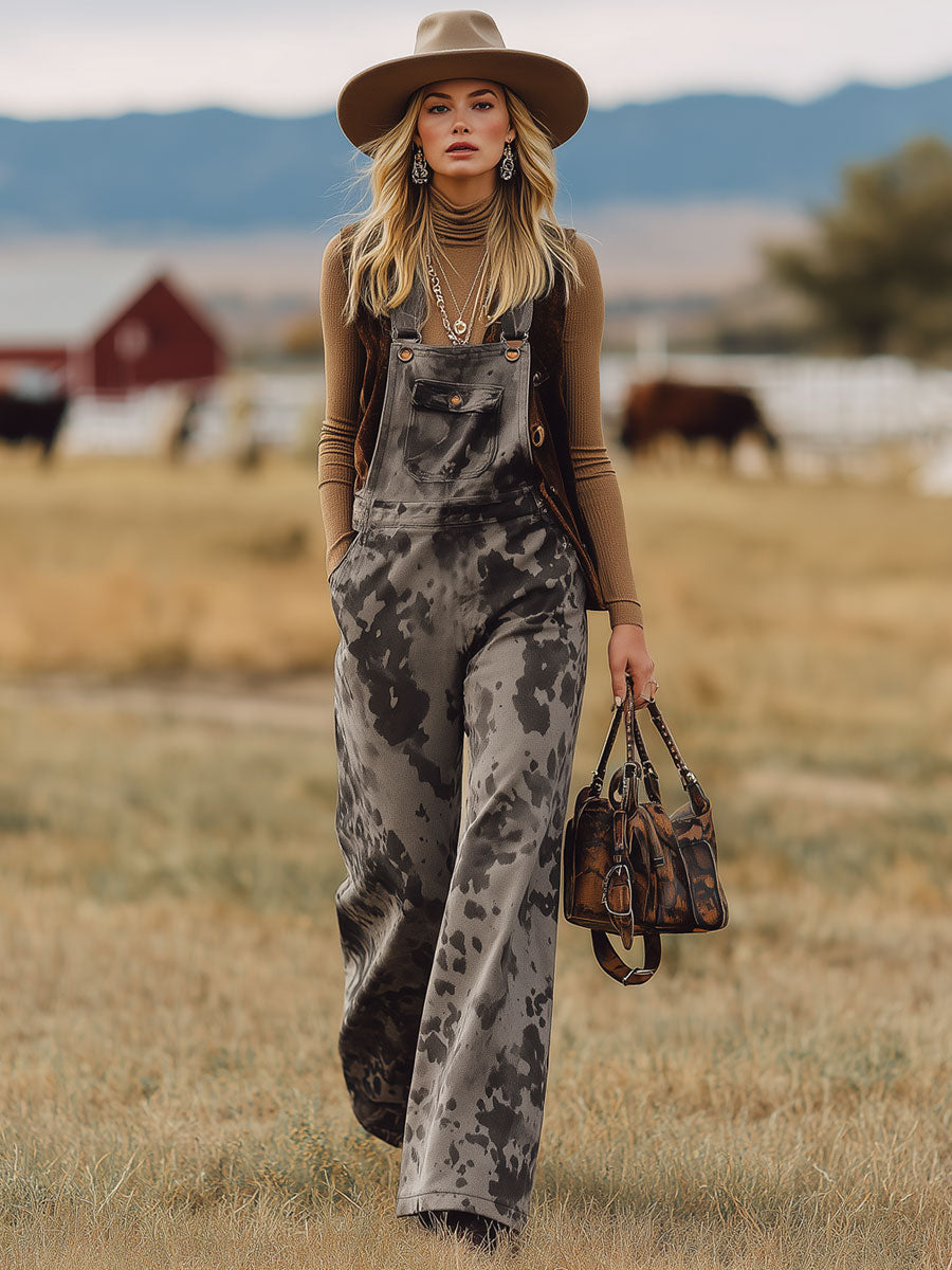 Salopette Grise en Faux Suède à Motif Vache - Style Nomade Rétro Western