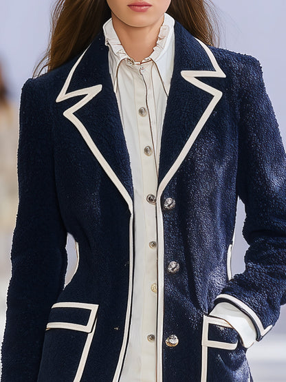 Chic Veste Bleu Marine avec Col Blanc Contrastant