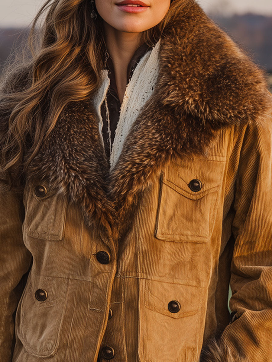 Veste Vintage Western en Velours Côtelé Caramel avec Col en Fourrure Synthétique