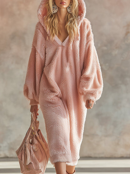Robe Midi Flanelle Rose : Confort Décontracté avec Capuche et Manches Longues