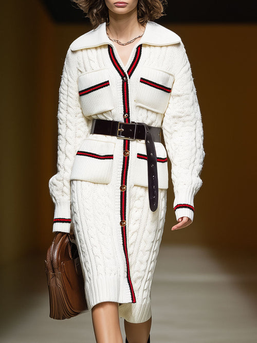 Chic Long Cardigan Tricoté avec Poches Multiples et Col Ceinturé