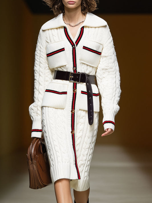 Chic Grand Cardigan Tricoté à Col Large avec Poches Pratiques et Ceinture Élégante