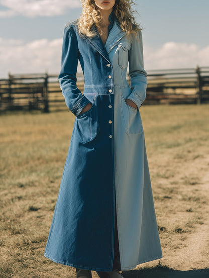 Trench Long en Denim Colorblock : Élégance Bleu Foncé et Bleu Clair