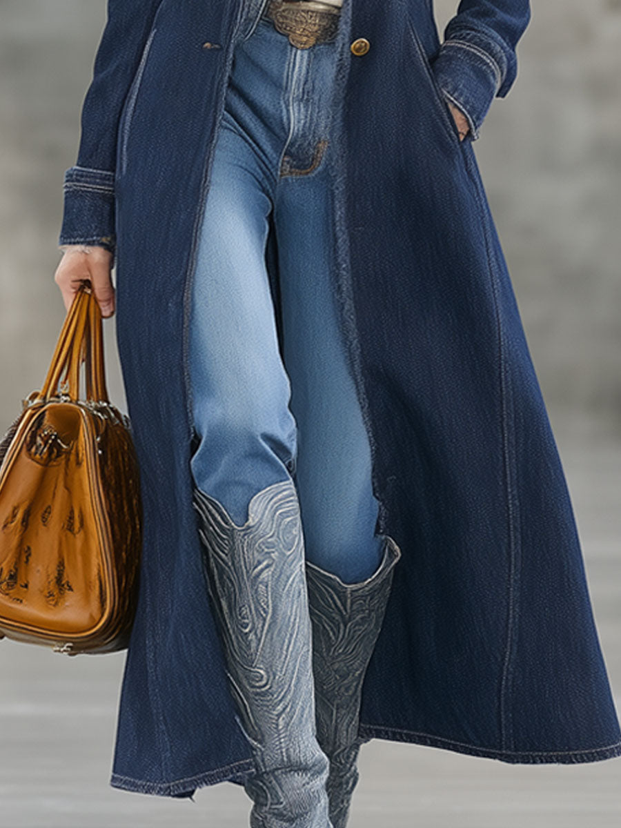 Longue Manteau en Denim Bleu Profond avec Col et Bordure en Fourrure Rétro