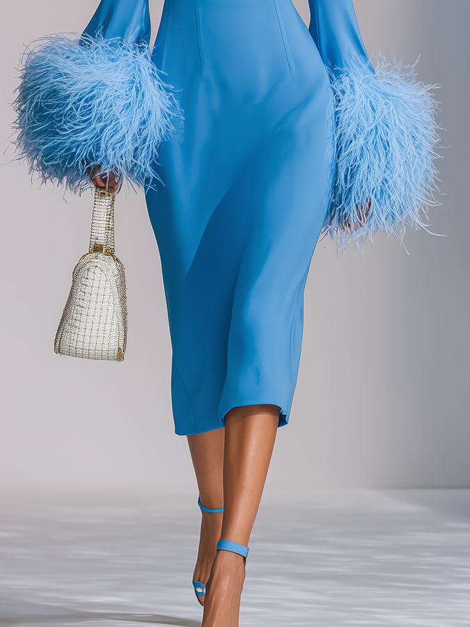 Robe Midi Élégante à Manches Bardot avec Détails en Plumes