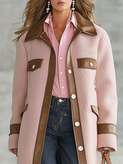 Long Fleece Coat in Pink with Brown PU Details - Retro Western Style