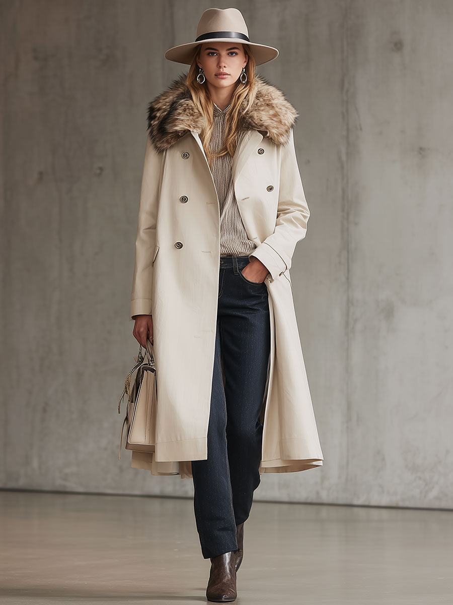 Trench mi-long crème avec col en fourrure luxueuse