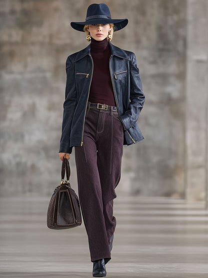 Veste zippée en simili cuir vintage bleu marine