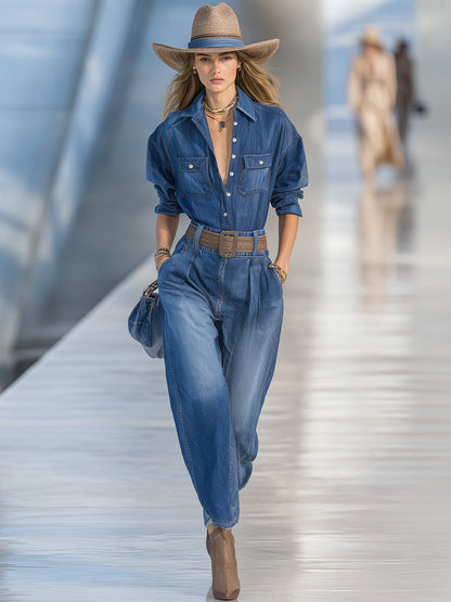 Ensemble Décontracté en Denim Bleu : Chemise et Pantalon Large