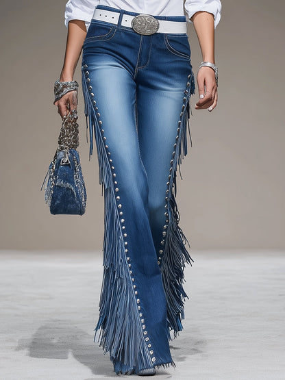 Jean Évasé Bleu Western avec Franges Latérales et Détails en Rivets