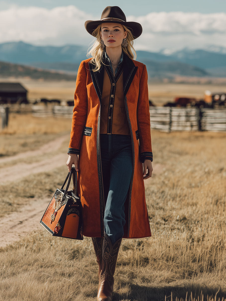 Veste en faux suède orange au style rétro nomade avec finitions noires