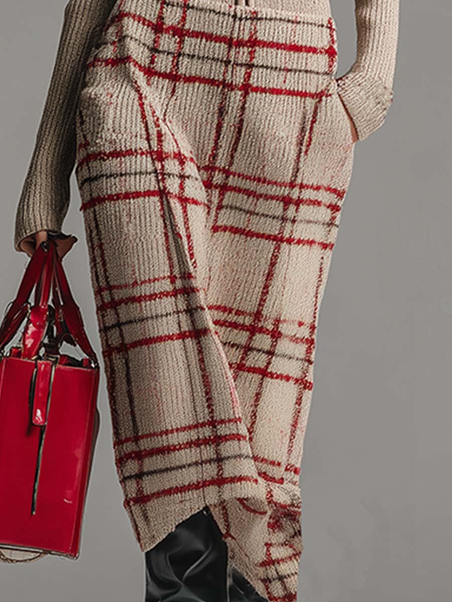 Robe Midi Évasée Vintage Abricot à Carreaux avec Zip Élégant