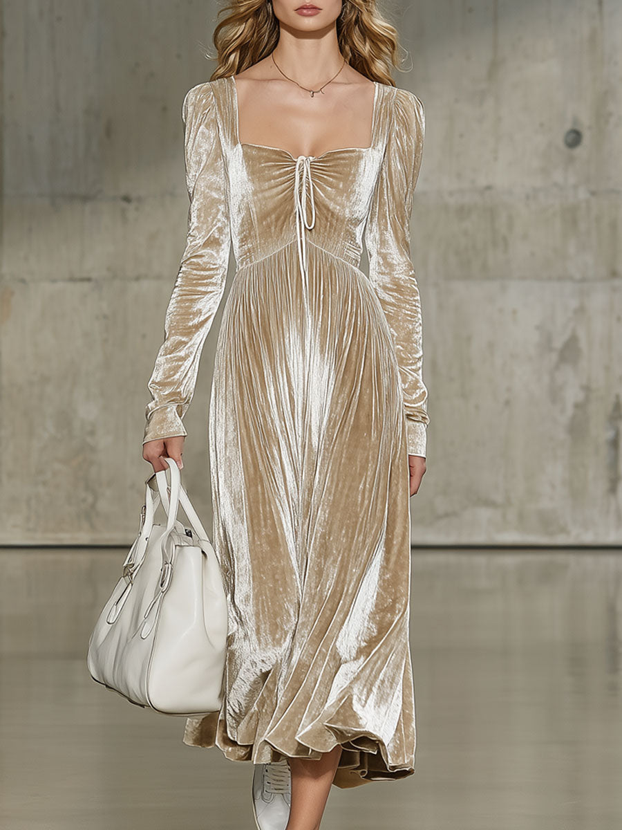 Robe Midi Velours Champagne Rétro à Manches Longues avec Plis et Détails en Lacets