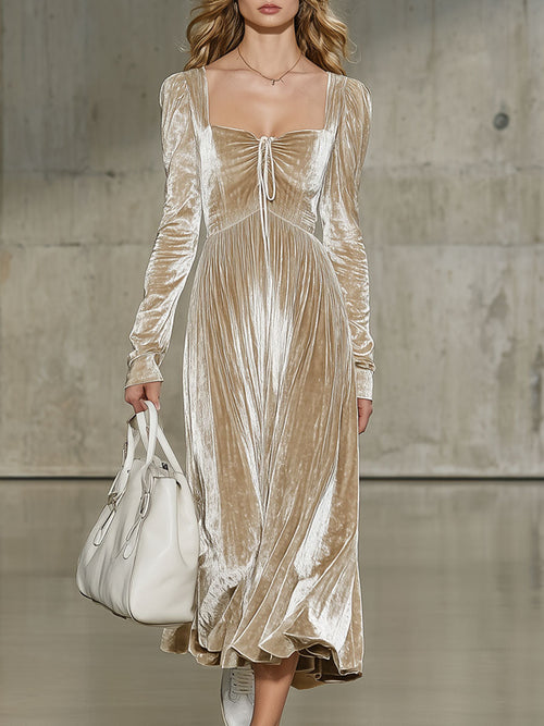Robe Midi Velours Champagne Rétro à Manches Longues avec Plis et Détails en Lacets