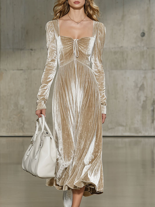 Robe Midi Velours Champagne Rétro à Manches Longues avec Plis et Détails en Lacets